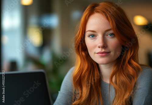Wallpaper Mural A young woman with vibrant red hair is focused on her laptop in a warm, inviting indoor space. Soft natural light illuminates her thoughtful expression, suggesting concentration. Torontodigital.ca