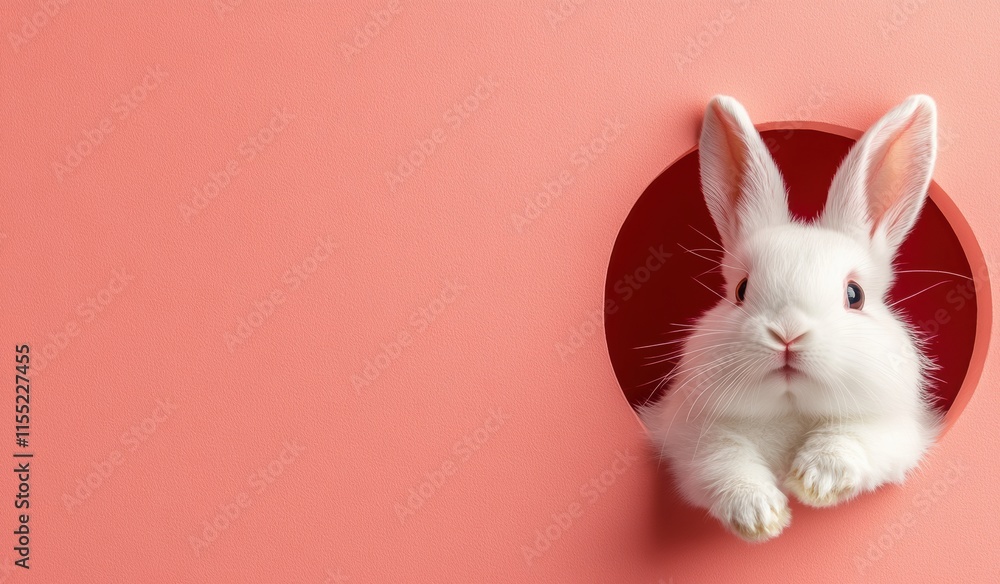 A fluffy white rabbit peeks curiously out from a charming circular cutout, beautifully set against a soft pink background, perfectly capturing the joyful spirit of Easter celebrations and traditions A fluffy white rabbit peeks curiously out from a charming circular cutout, beautifully set against a soft pink background, perfectly capturing the joyful spirit of Easter celebrations and traditions