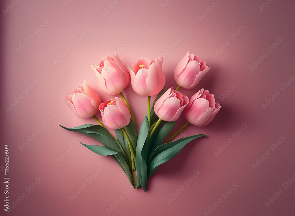 A delicate cluster of six pale pink tulips arranged on a soft pink background. The tulips are slightly open, showcasing their gentle beauty. A delicate cluster of six pale pink tulips arranged on a soft pink background. The tulips are slightly open, showcasing their gentle beauty.