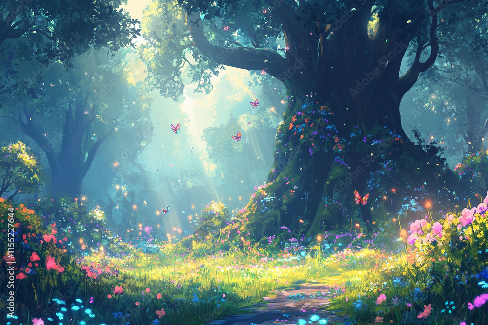 Naklejka premium Enchanted forest scene with a glowing tree, dancing lights, and vibrant flowers. Perfect for fantasy, nature, and magical themes