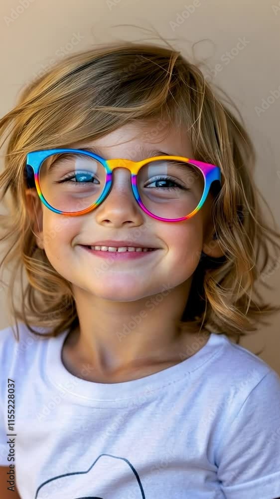 Smiling child wearing colorful eyeglasses on beige background Smiling child wearing colorful eyeglasses on beige background
