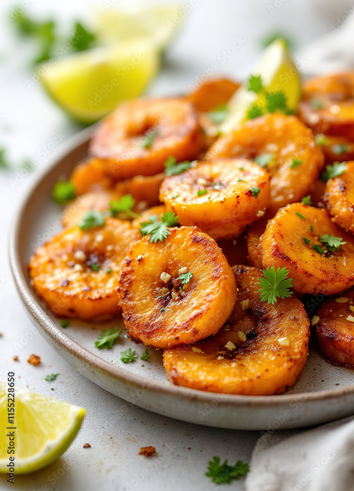 Fried caramelized plantains served with lime wedges and cilantro Fried caramelized plantains served with lime wedges and cilantro