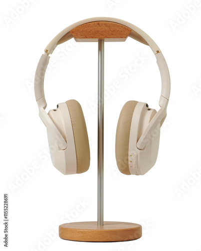 Minimal style white wireless headphone on wooden stand isolated on transparent background