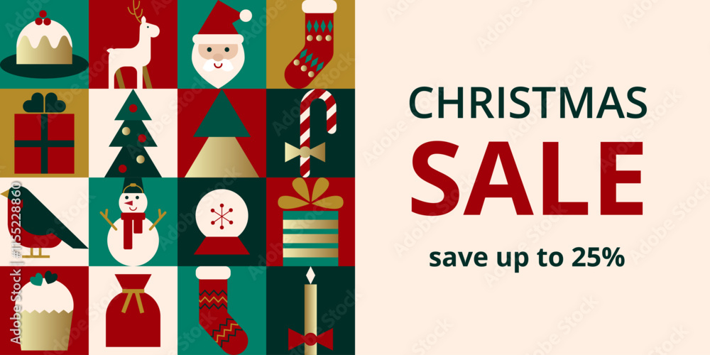 Fototapeta premium Rectangular banner with bright geometric icons of Christmas and New Year for sale in minimal style. Layout for cover, advertisement, offer, label. Flat vector illustration