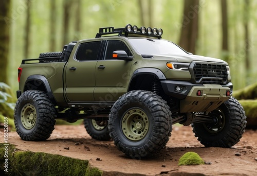Military Green RC Truck in Forest Setting