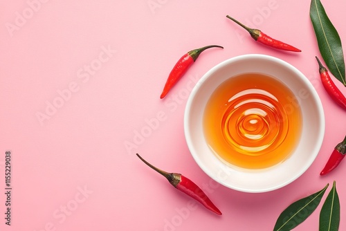 Golden chili-infused honey swirls in white bowl, surrounded by f photo