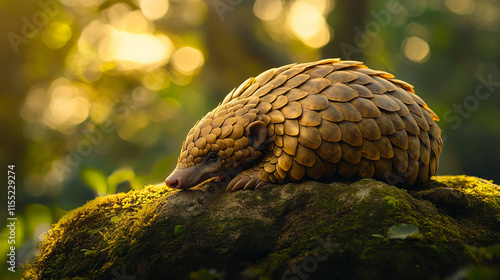 Pangolin Close-Up on Mossy Rock in Jungle Clearing