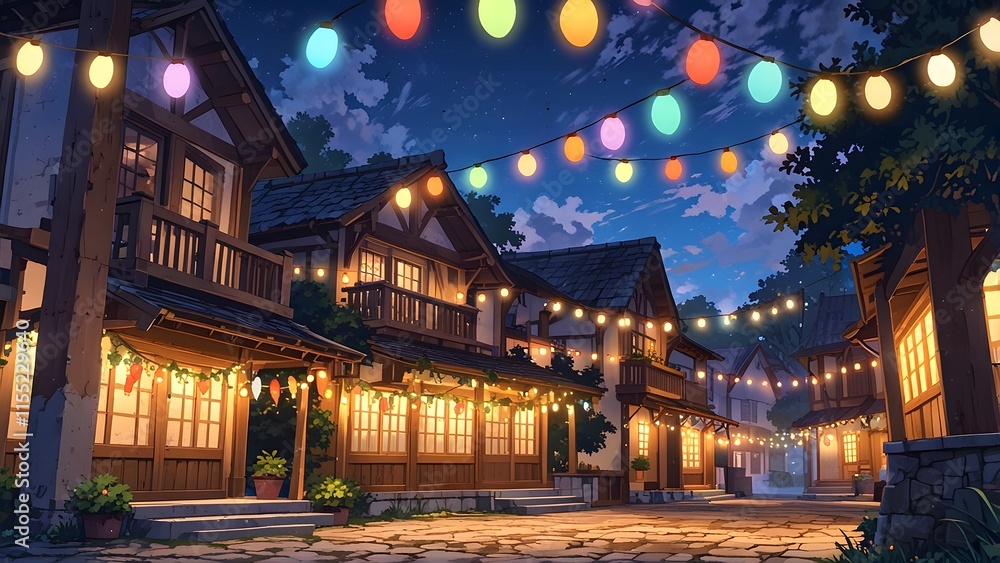 Fototapeta premium A village square decorated with Easter garlands and lights, holiday promo poster Easter sale banner background, vibrant colors, romantic love and harmony