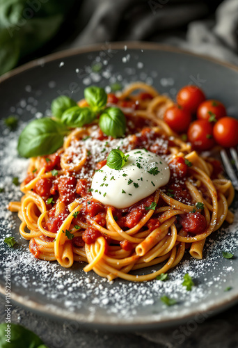 Penne pasta marinara with buratta cheese and fresh basil