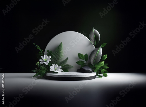 Elegant minimalist product display featuring a white circular backdrop,  a round platform,  smooth grey stone,  and lush green foliage with white blossoms.  Subtle lighting enhances the serene aesthet photo