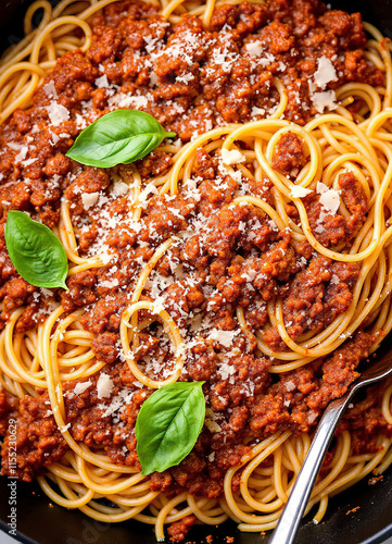 Spaghetti Bolognese with parmesan and basil in a cast iron pan overhead shot close up photo