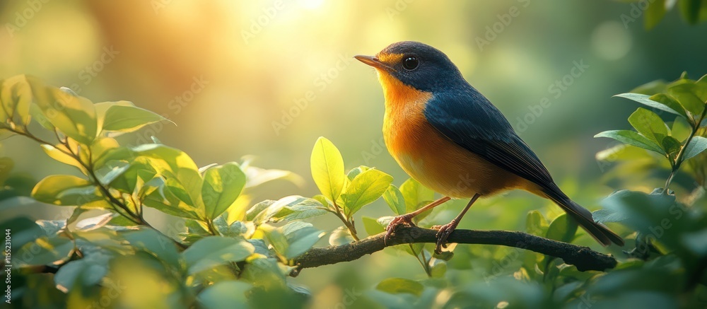 Colorful bird perched on a sunlit branch. Colorful bird perched on a sunlit branch.