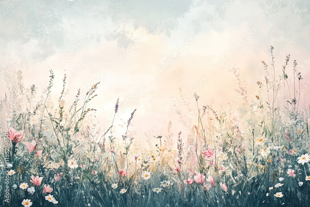 Soft pastel hues blend beautifully in field of wildflowers under Soft pastel hues blend beautifully in field of wildflowers under