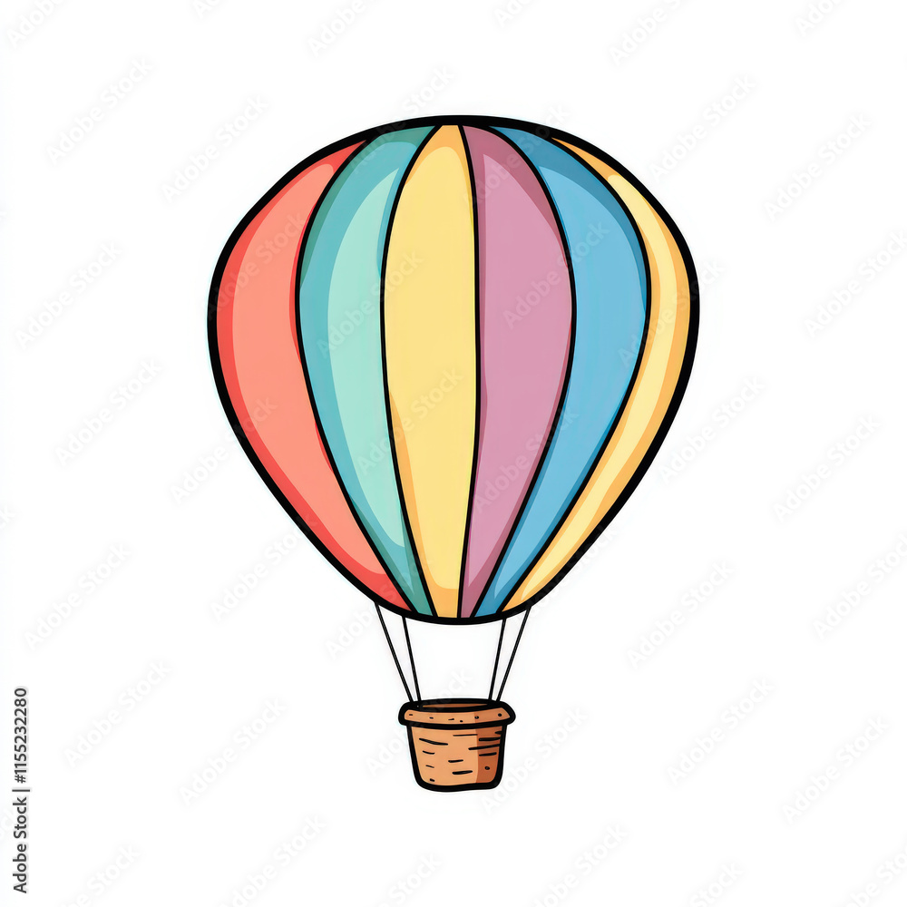 Obraz premium Colorful Hot Air Balloon with Stripes in a Playful Art Style on a White Background for Travel and Adventure Themes