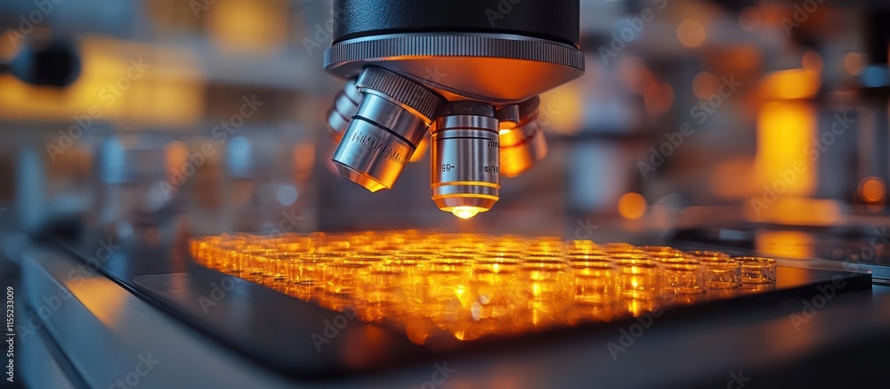 Microscope analyzing glowing samples in laboratory setting. Microscope analyzing glowing samples in laboratory setting.