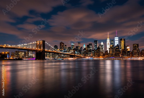 A night skyline of New York City with the iconic Brooklyn Bridge and the 911 memorial lights shining into the sky, reflecting on the calm waters of the East River