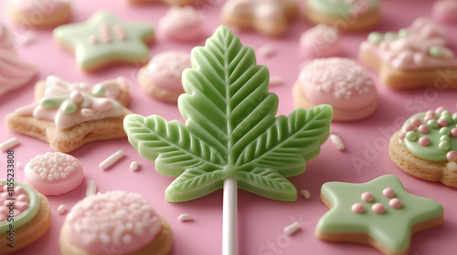 A table full of colorful and decorated cookies with a green leaf on top. The cookies are arranged in a way that they look like they are growing out of the table