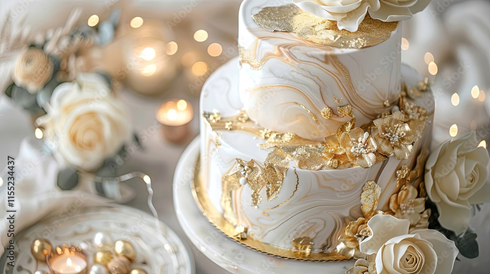 Indulge in elegance with this stunning marbled cake adorned with gold accents and delicate blossoms Indulge in elegance with this stunning marbled cake adorned with gold accents and delicate blossoms