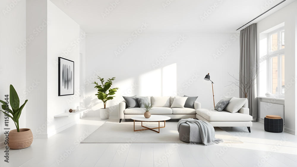 Fototapeta premium Minimalist modern living room in white tones. Generative AI