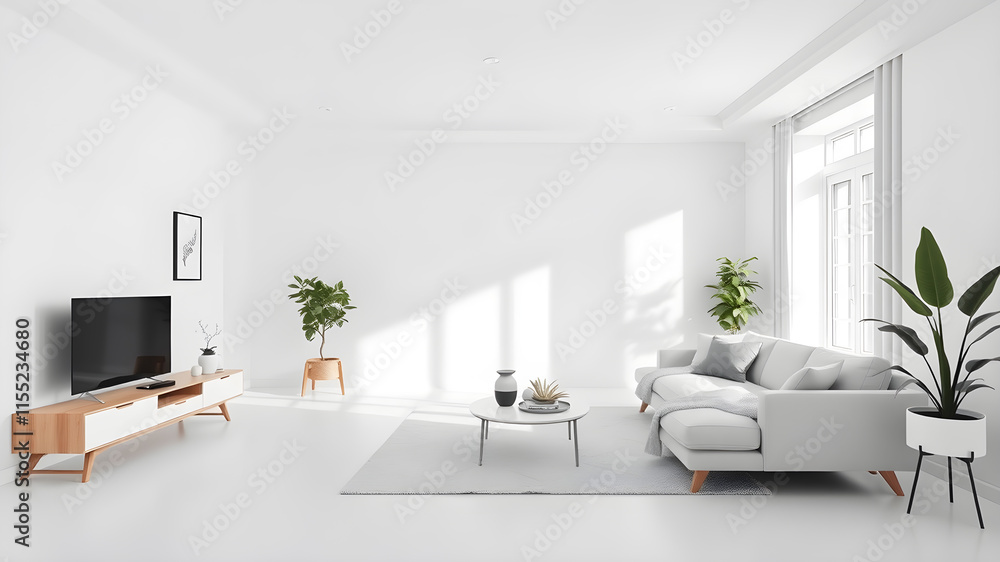 Minimalist modern living room in white tones. Generative AI Minimalist modern living room in white tones. Generative AI