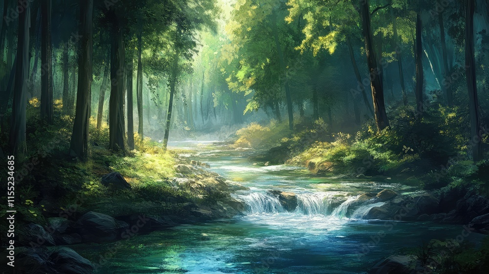 Obraz premium A serene river flowing through a dense forest, celebrating Eartha??s natural beauty