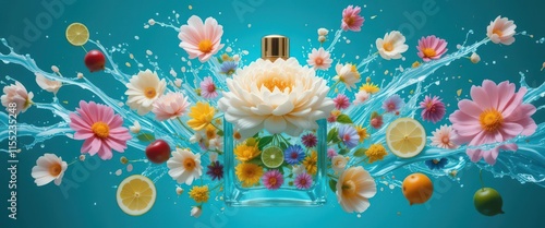 Vibrant floral and citrus composition with colorful petals and fruits splashing around a perfume bottle on a turquoise background.