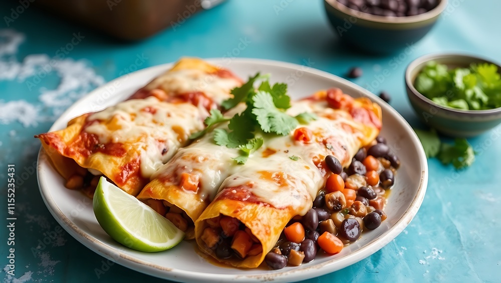 Mexican enchilada dish with sweet potatoes, corn, tomato salsa, black beans and cheese Mexican enchilada dish with sweet potatoes, corn, tomato salsa, black beans and cheese