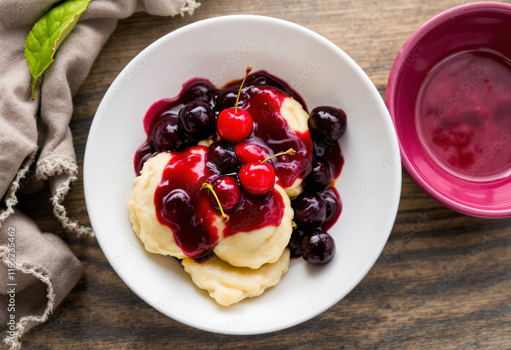 Delicious dumplings with cherries and jam