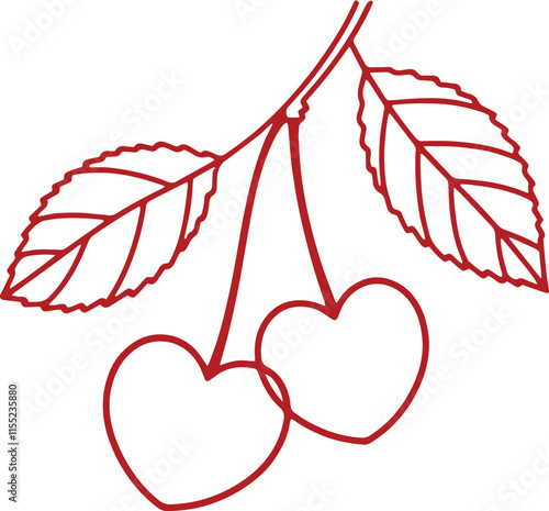 Two heart-shaped outlines hanging from thin stems, resembling cherries on a branch 