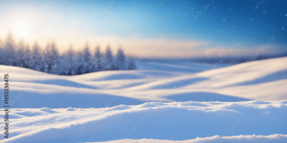 Winter snow background with snowdrifts, with beautiful light and snow flakes on the blue sky in the evening, banner format, copy space. Winter snow background with snowdrifts, with beautiful light and snow flakes on the blue sky in the evening, banner format, copy space.