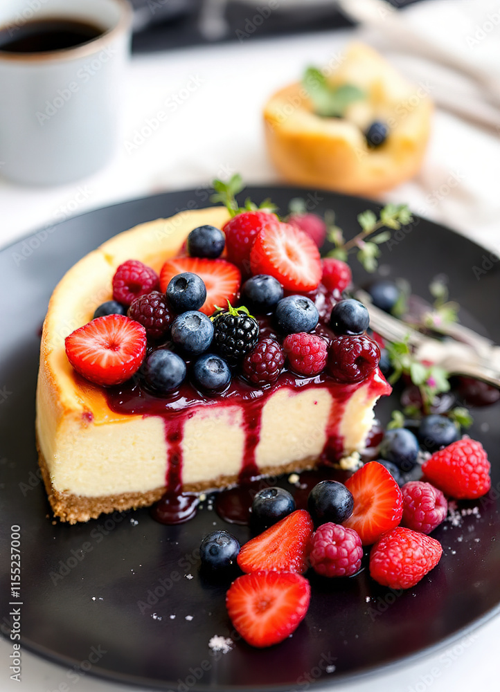 San Sebastian cheesecake with berries on black plate San Sebastian cheesecake with berries on black plate