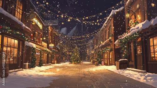 Wallpaper Mural A charming, snowy, Christmas-themed street at night with warm lighting, decorated shops and a small Christmas tree in the middle. Torontodigital.ca