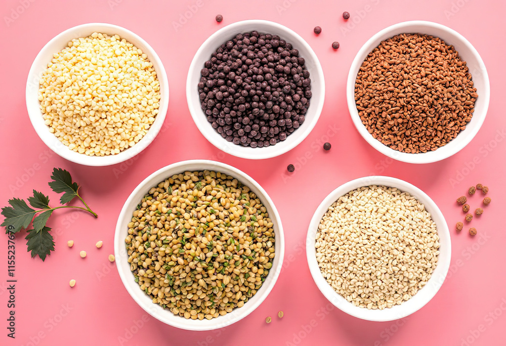 Top view of assorted Quinoa in white bowls on pink background Top view of assorted Quinoa in white bowls on pink background