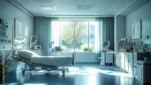 a hospital room with a bed and a desk photo