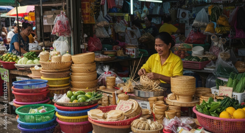 Fototapeta premium Woman Craftsperson Making Wicker Baskets At Market