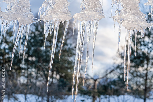 Ice icicles hang from the roof of the house. photo