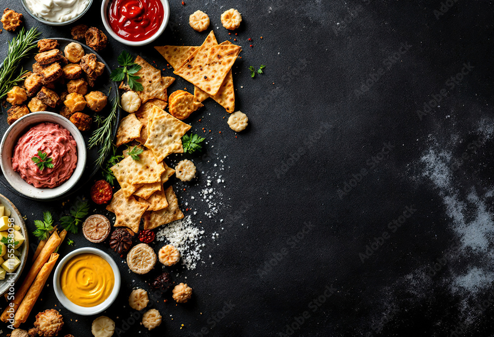 A beautifully arranged platter of assorted snacks and dips on a black background A beautifully arranged platter of assorted snacks and dips on a black background