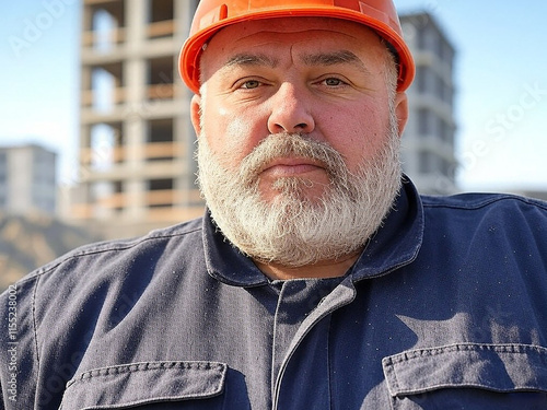 Trabajador de obra con casco naranja posando frente a estructura en construcción. Hombre mayor trabajador de la construcción de edificios. edad de jubilación 