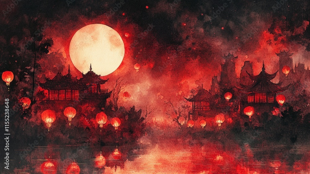Crimson Moonlit Asian Village Lantern Festival Night Crimson Moonlit Asian Village Lantern Festival Night