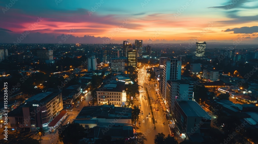 Fototapeta premium Aerial view of a bustling cityscape glowing under twilight skies
