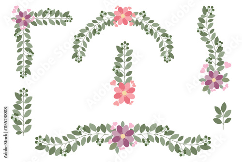 Green Leaves And Love Flowers Set For Christmas Wreath Decoration