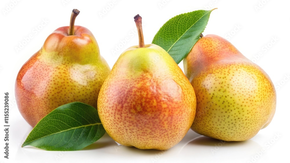 Two ripe, juicy pears and a red apple, isolated on a white background, symbolize healthy eating and a balanced diet