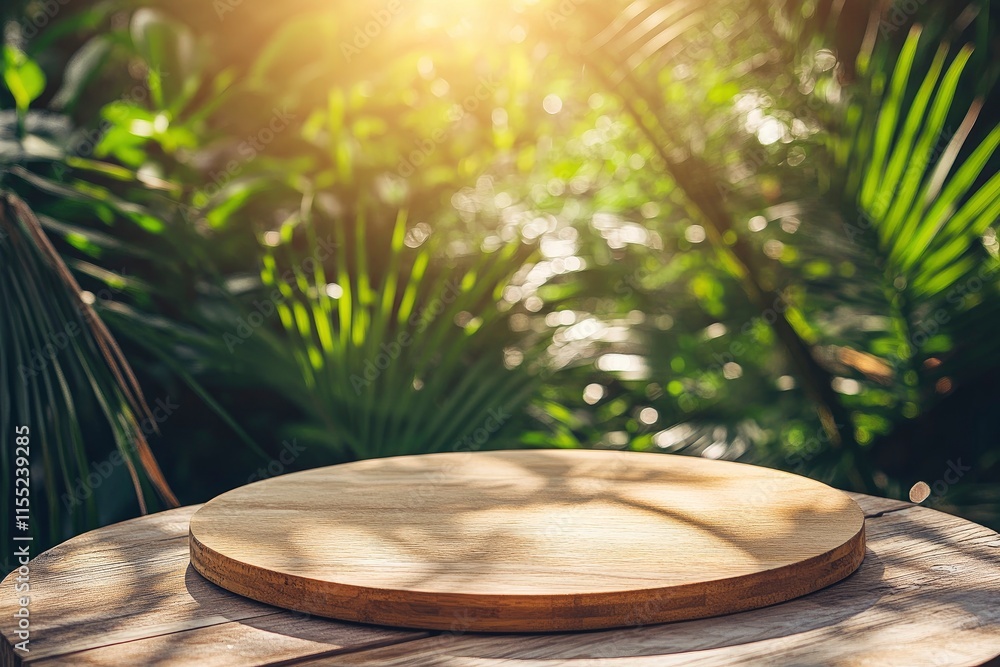 background for overlaying products. Close-up of a round empty oak table with sunlight and tropical plant leaves. Organic beauty, natural concept. Layout, podium, spa, sunscreen. background for overlaying products. Close-up of a round empty oak table with sunlight and tropical plant leaves. Organic beauty, natural concept. Layout, podium, spa, sunscreen.