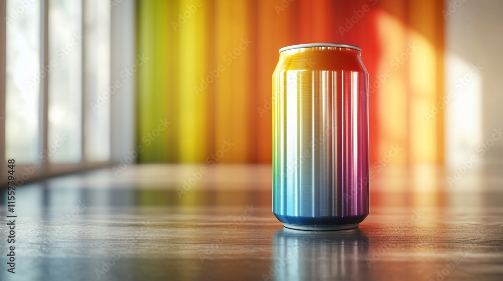 Rainbow aluminum can on wooden surface. Rainbow aluminum can on wooden surface.