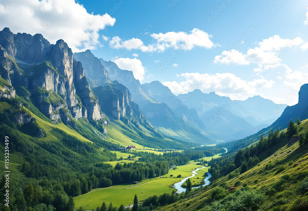 Naklejka premium A lush, green mountain landscape with a winding river and dramatic cliffs in the background under a clear blue sky