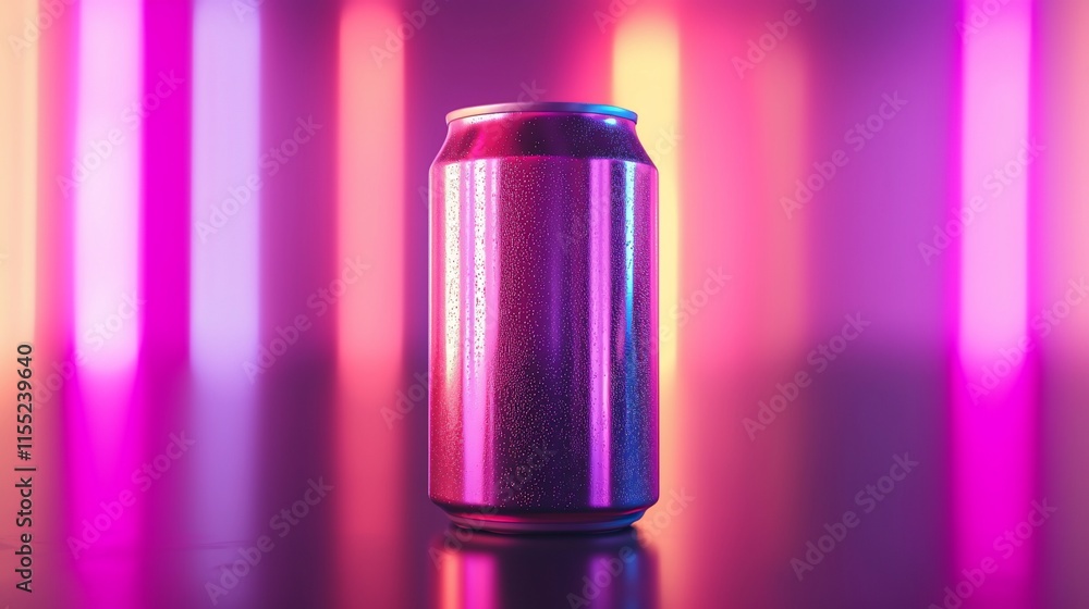 Metallic can on reflective surface with vibrant neon lights. Metallic can on reflective surface with vibrant neon lights.