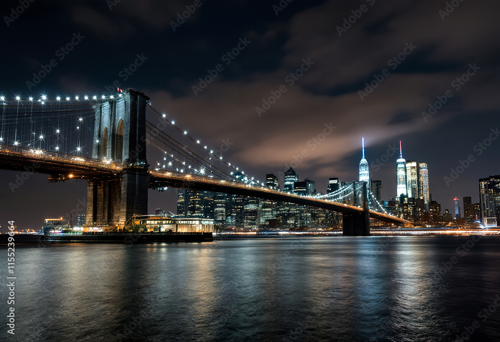 Fototapeta premium A night skyline of New York City with the iconic Brooklyn Bridge and the 911 memorial lights shining into the sky, reflecting on the calm waters of the East River