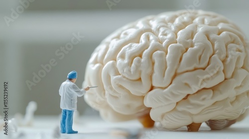 Miniature model of human brain with small figure of a doctor in white shirt doing research health check creates impression of professional attitude in work photo