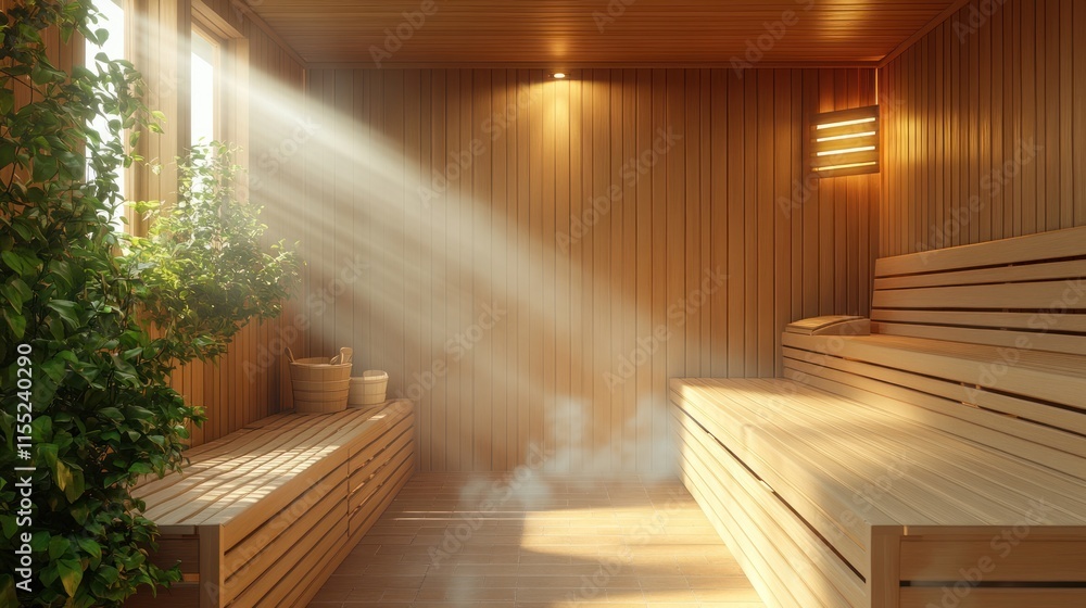 Obraz premium Relaxing wooden sauna with steam and sunlight.