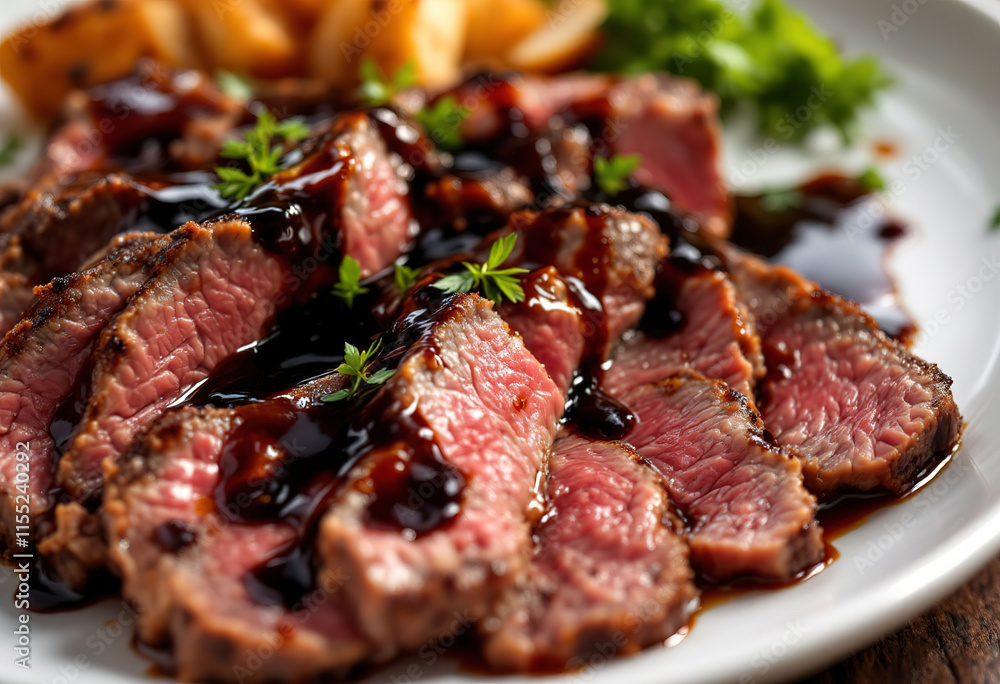a plate of sliced beef meat, glazed with a dark sauce a plate of sliced beef meat, glazed with a dark sauce